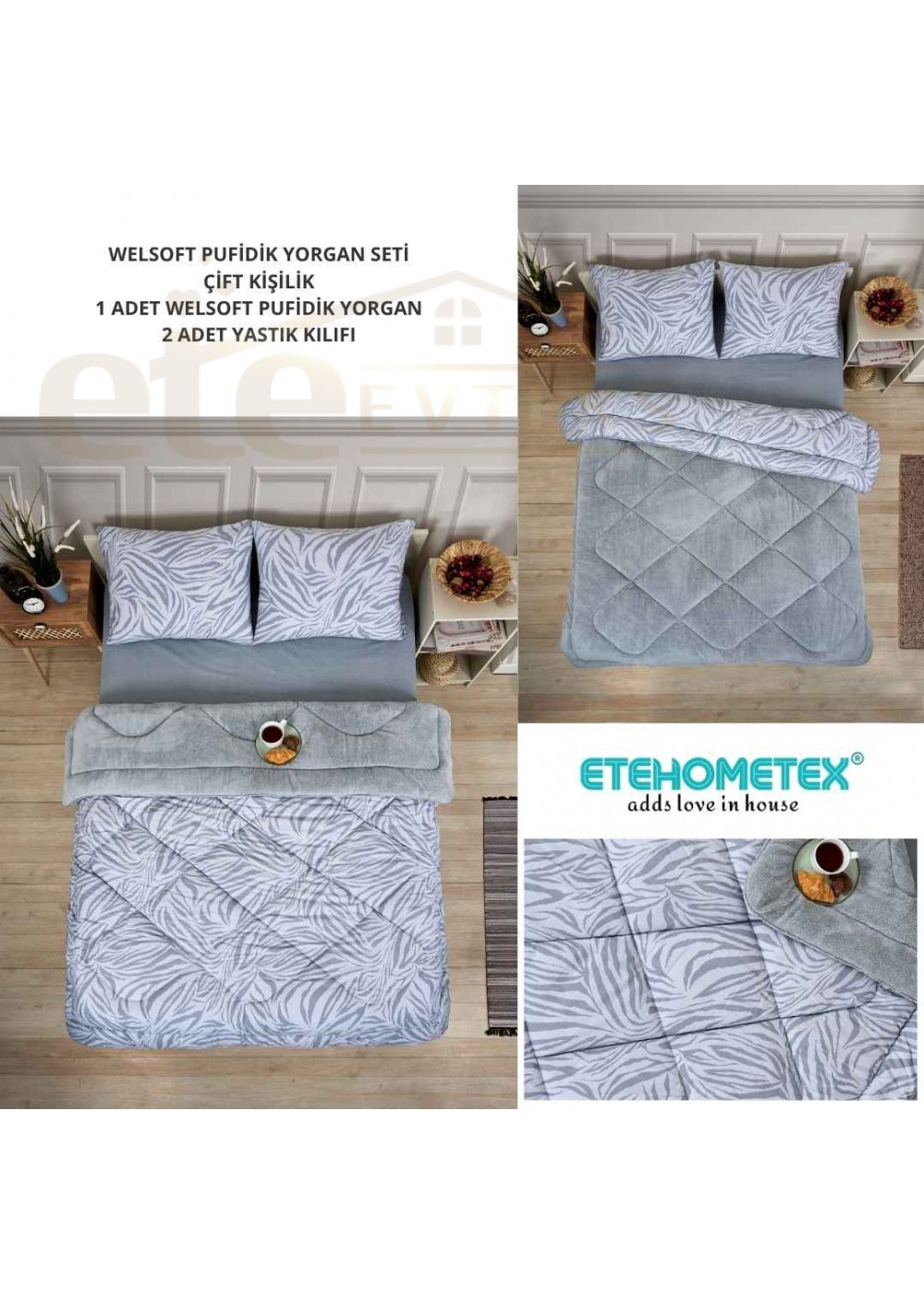 ETE HOMETEX ÇİFT KİŞİLİK LÜX WELSOFT YORGAN SETİ 195X215CM ZEBRA GRİ 8696474231950